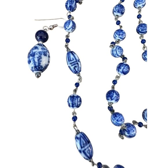 Vintage Chinese Painted Porcelain Bead Necklace & Earrings Blue White 25" - Picture 4 of 6